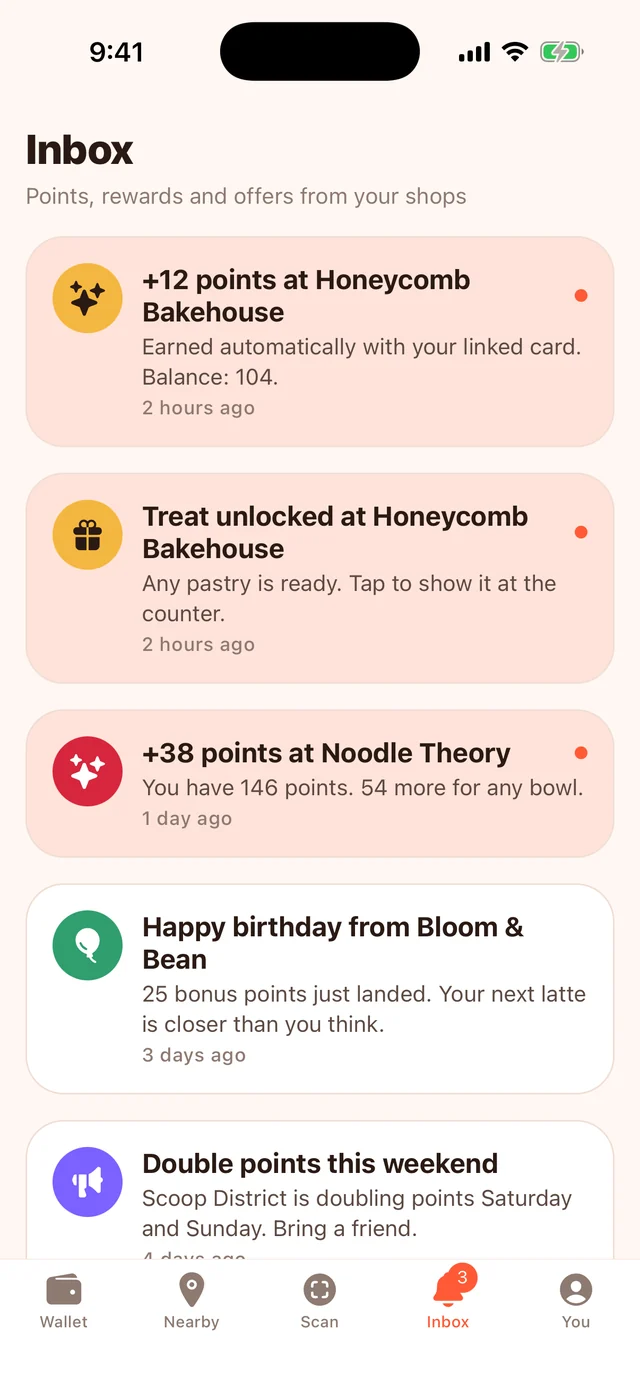 Treatz inbox with points, rewards and offers